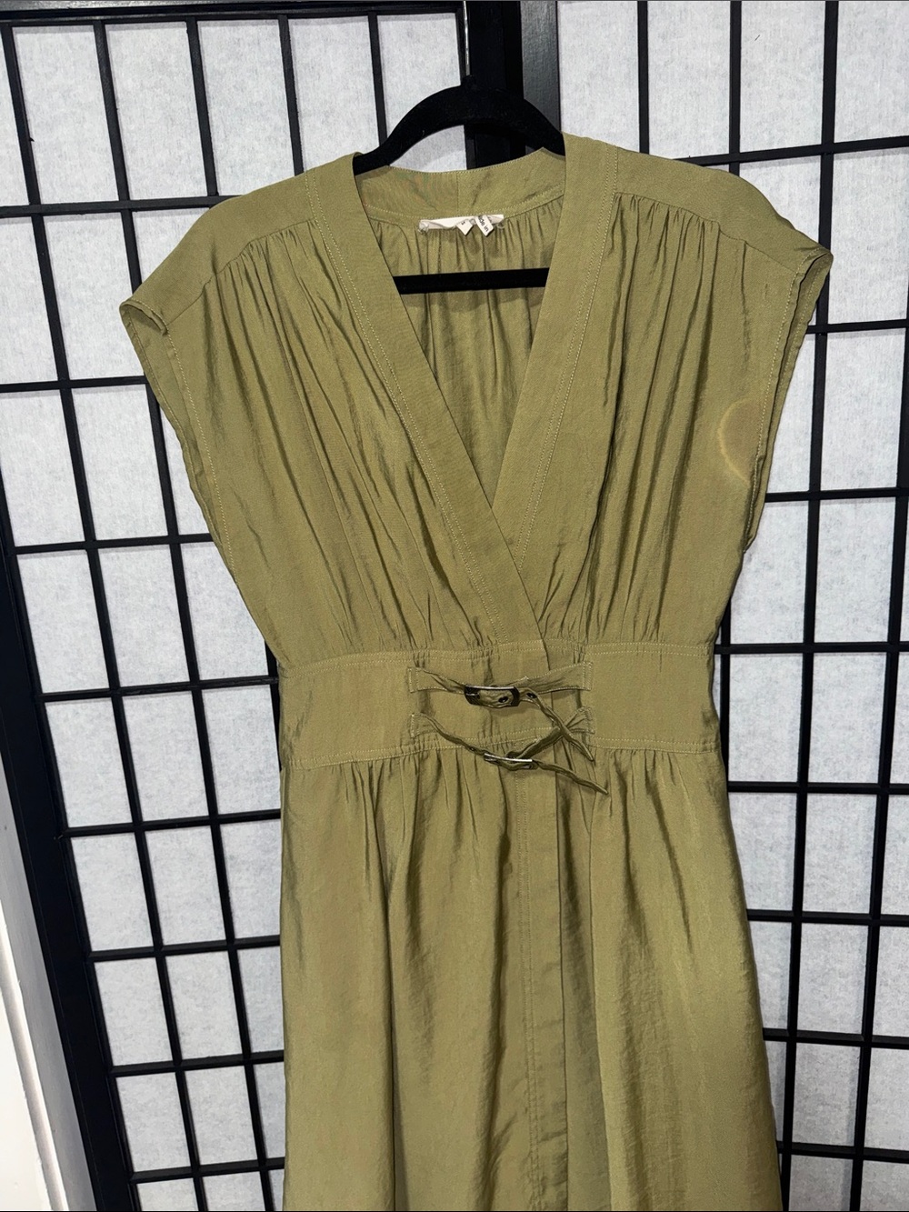ba&sh Dove Olive Green Wrap Midi Dress with Double Buckle Waist - Picture 6 of 16